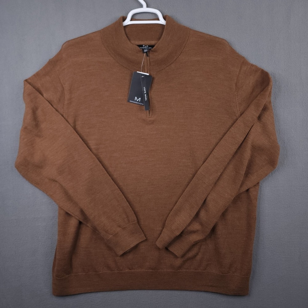 Magaschoni Mens XXXL 100% Wool Quarter Zip Pullover Sweater Camel‎ Brown NWT